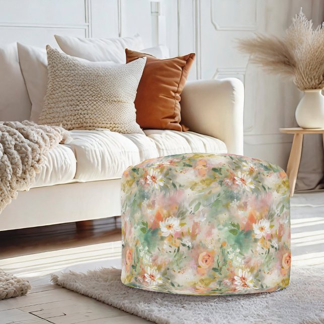 White Orange Abstract Painting Floral Pattern Pouf (Creator Uploaded)