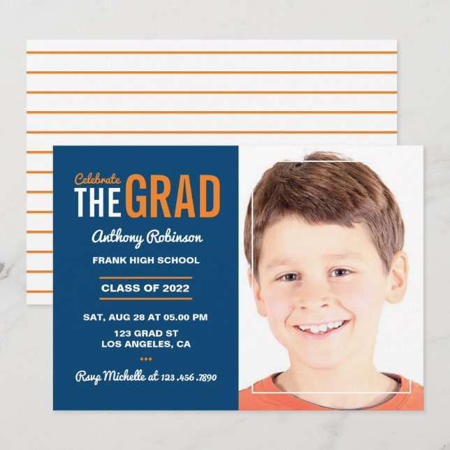 White, Orange and Navy Blue Graduation Party Invitation (Front/Back)