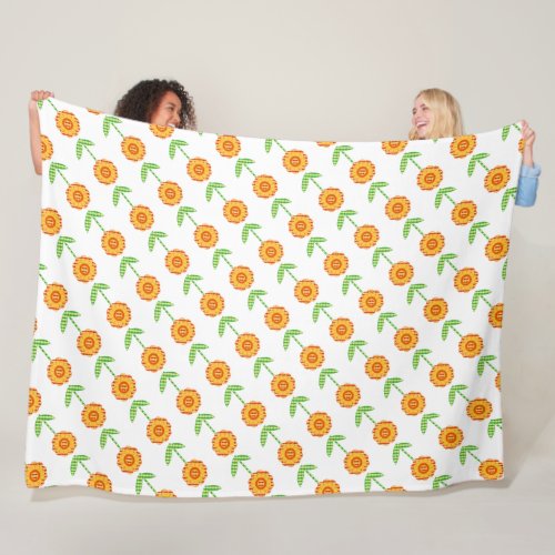 White Orange And Yellow Whimsical Plaid Floral Fleece Blanket