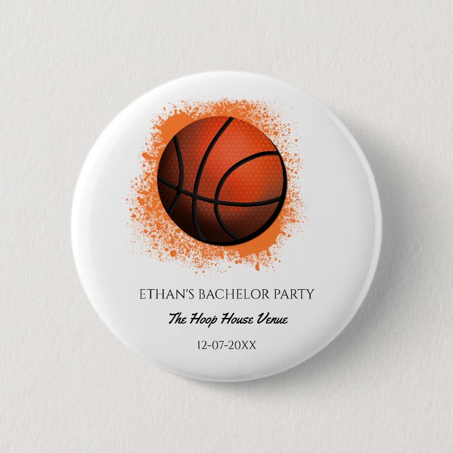 White orange basketball birthday / bachelor party button (Front)