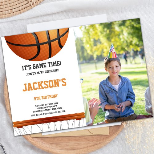 White Orange Basketball Invitations with photo