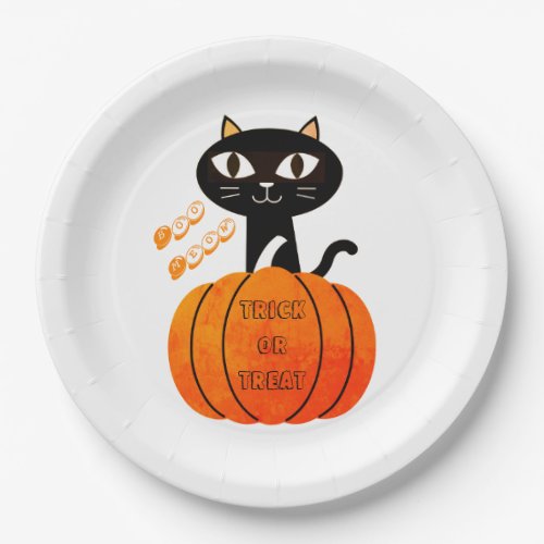 White Orange Black Cat Pumpkin Spooky Halloween Paper Plates