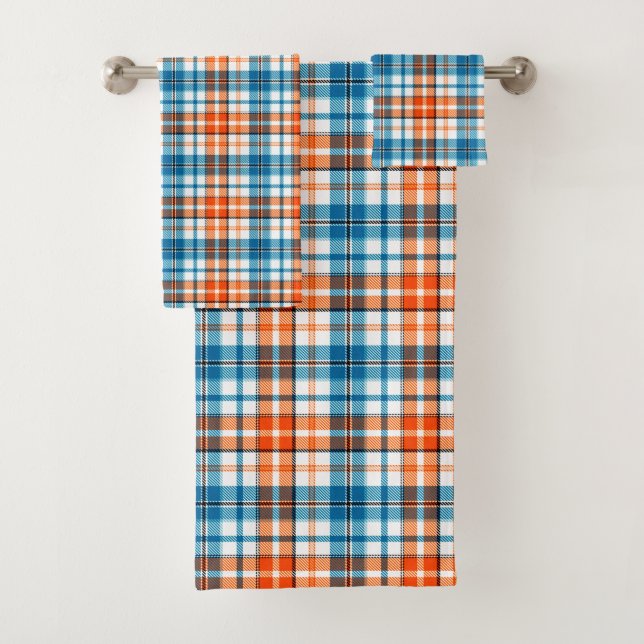 White Orange Blue Plaid Tartan Design  Bath Towel Set (Insitu)