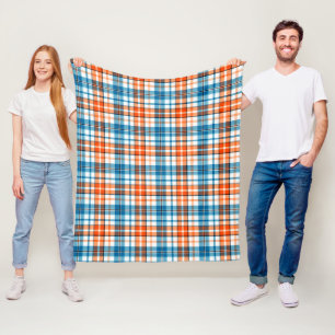 White Orange Blue Plaid Tartan Design  Fleece Blanket