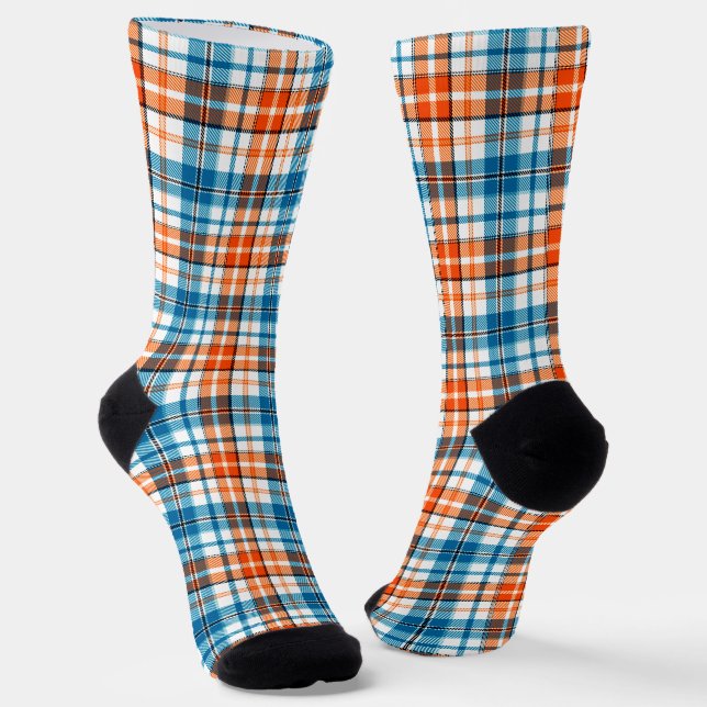 White Orange Blue Plaid Tartan Design  Socks (Angled)