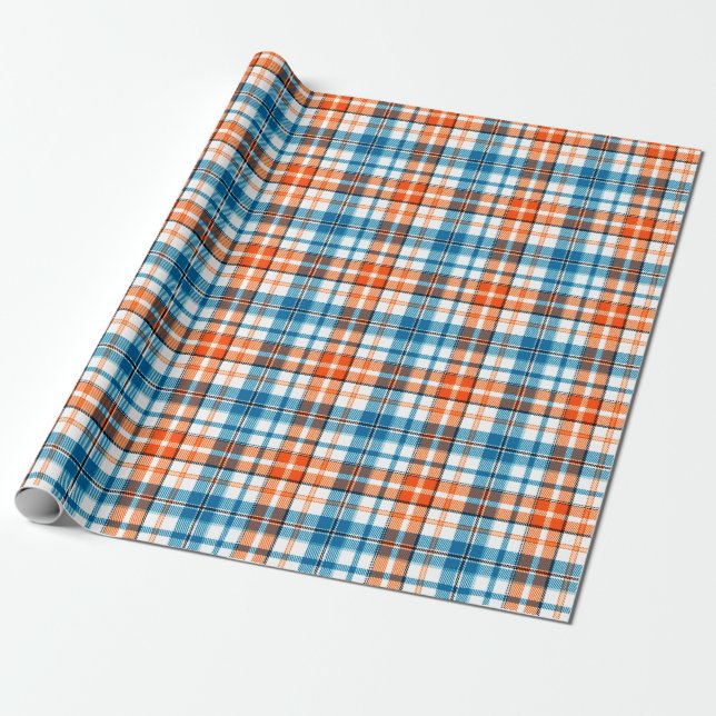 White Orange Blue Plaid Tartan Design  Wrapping Paper (Unrolled)