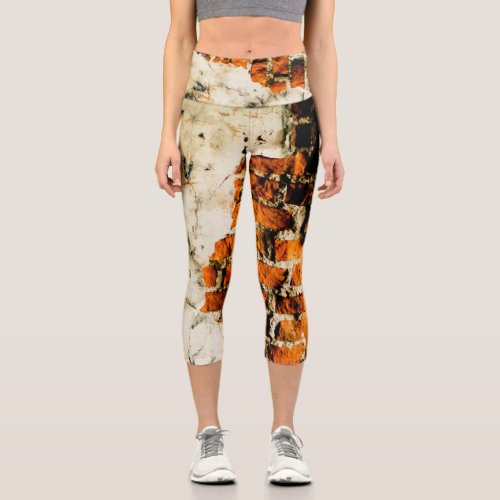 White orange Cool old brick wall graffiti Capri Leggings