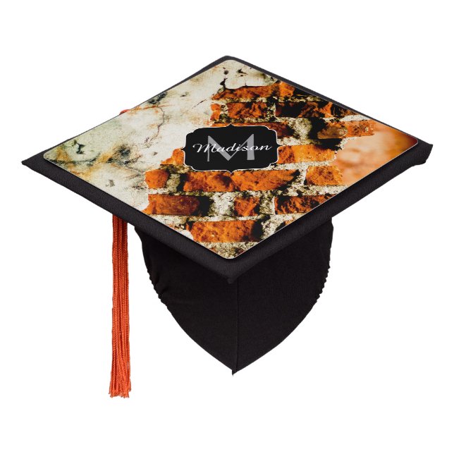 White orange Cool old brick wall grafiti Your name Graduation Cap Topper (Angled)