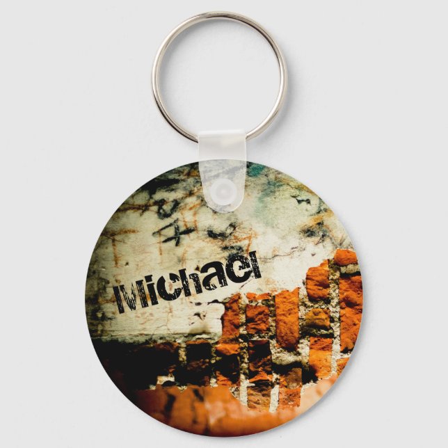White orange Cool old brick wall grafiti Your name Keychain (Front)