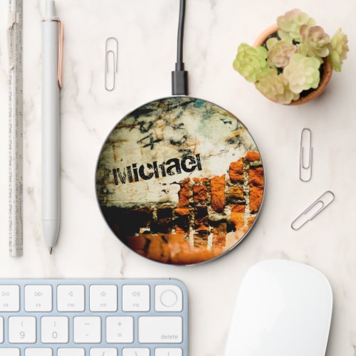 White orange Cool old brick wall grafiti Your name Wireless Charger