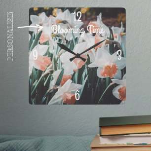 White Orange Daffodils in the Spring Garden Square Wall Clock
