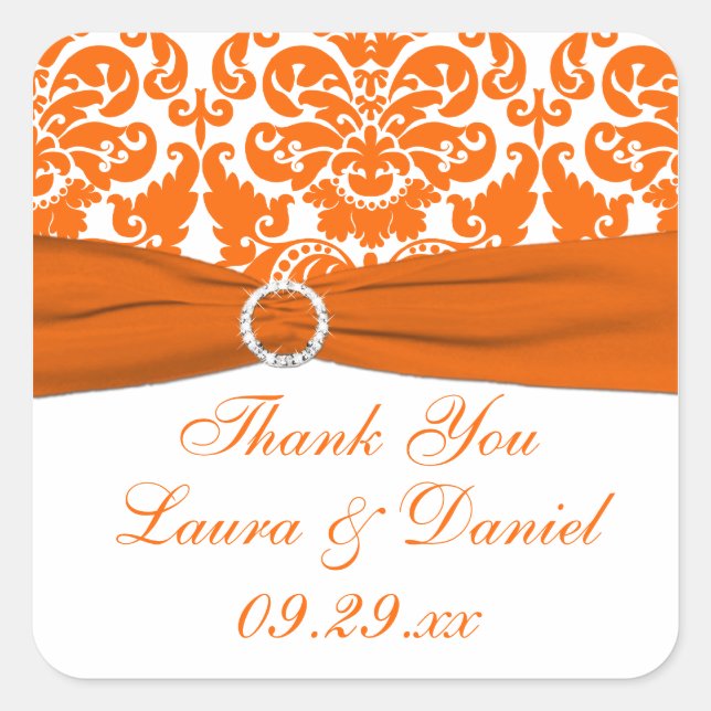 White, Orange Damask Wedding Favor Sticker (Front)