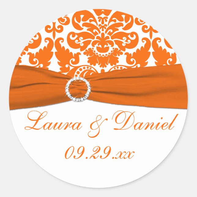 White, Orange Damask Wedding Favor Sticker (Front)