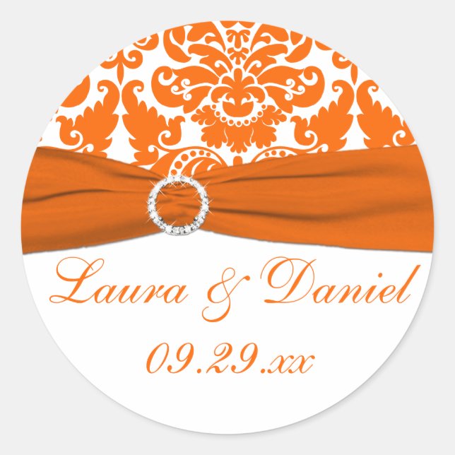 White, Orange Damask Wedding Favor Sticker (Front)