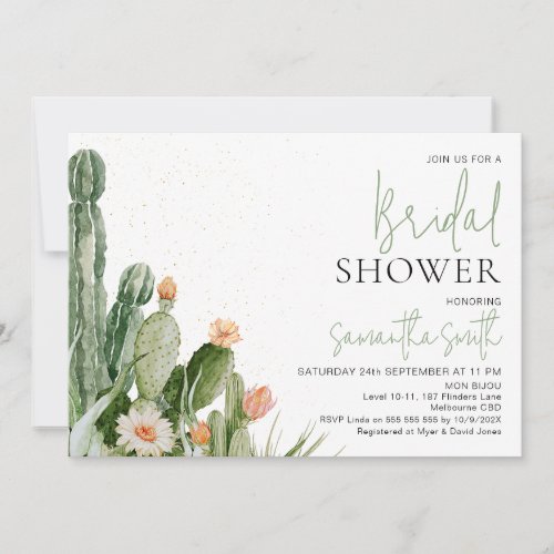 White Orange Floral Cactus Succulent Bridal Shower Invitation