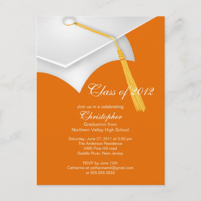 White Orange Grad Cap Graduation Party Invitation (Front)