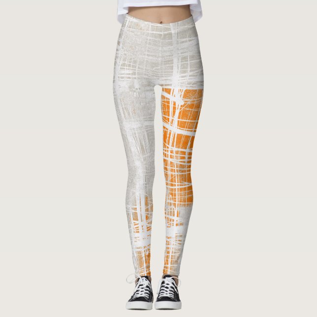 White orange gray abstract patterned leggings (Front)