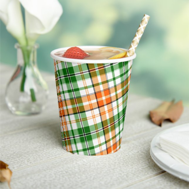 White Orange Green Plaid Tartan Design  Paper Cups (Insitu)