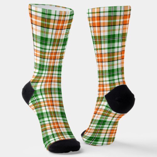 White Orange Green Plaid Tartan Design  Socks