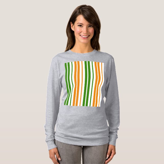 White Orange Green Vertical Stripes Design   T-Shirt (Front Full)