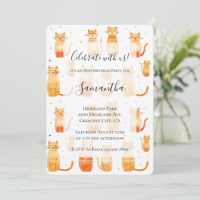 White Orange Kitty Cats Birthday Invitation (Standing Front)