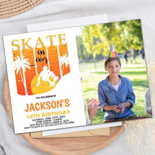 White Orange Photo Skateboard Birthday Invitations