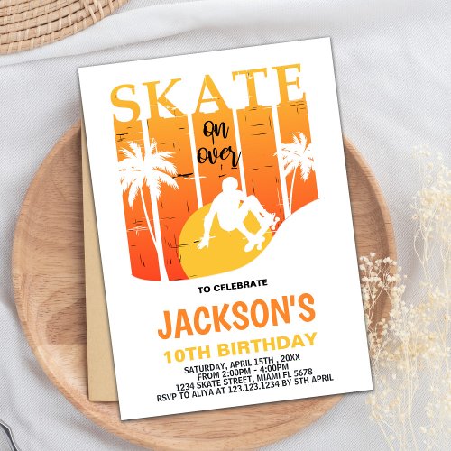 White Orange Skateboard Birthday Invitations