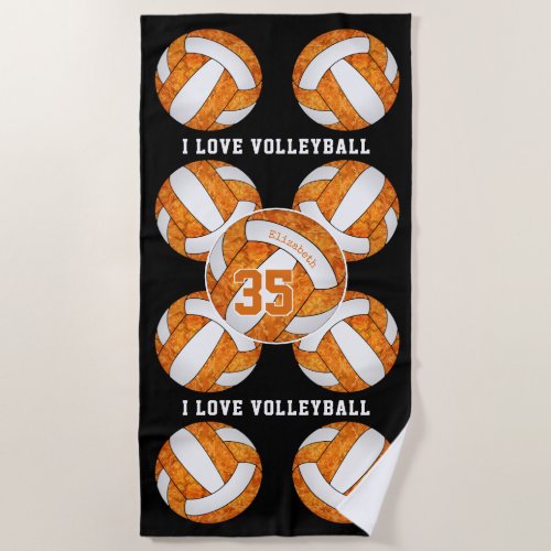 white orange team colors I love volleyball girly Beach Towel