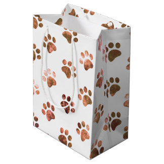 White Orange Textured Paw Print Pattern Medium Gift Bag