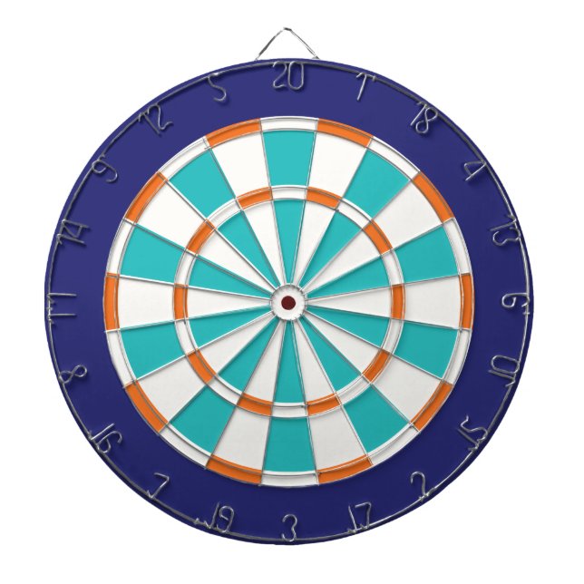 White, Orange, Turquoise, And Navy Dartboard With Darts (Front)