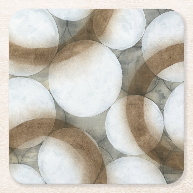 White Orbs & Brown Circles Square Paper Coaster (Front)