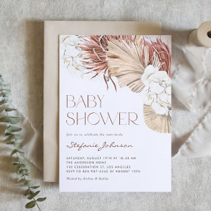 White Orchid and Dried Palm Boho Baby Shower Invitation