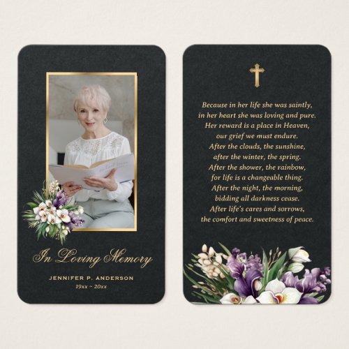 White Orchid Black Gold Photo Funeral Prayer Cards