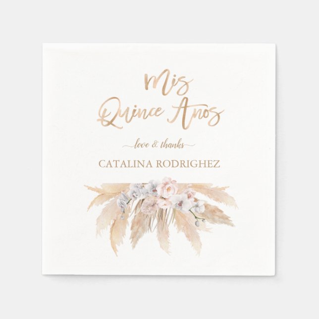 White Orchid Blush Roses Pampas Grass Quinceañera Napkins (Front)