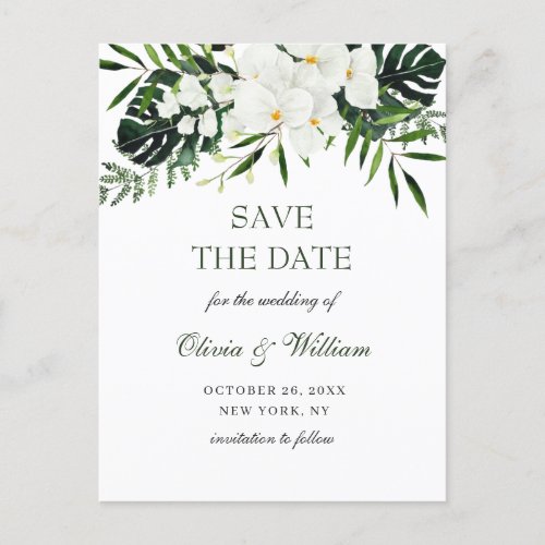 White Orchid Bohemian Floral Wedding Save The Date Postcard