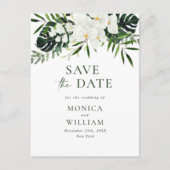 White Orchid Bohemian Floral Wedding Save The Date Postcard (Front)