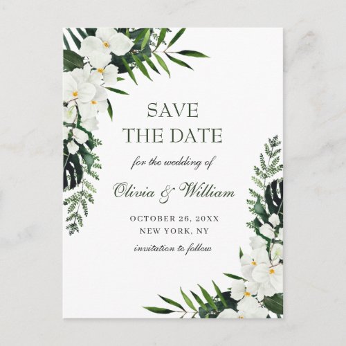 White Orchid Bohemian Floral Wedding Save The Date Postcard