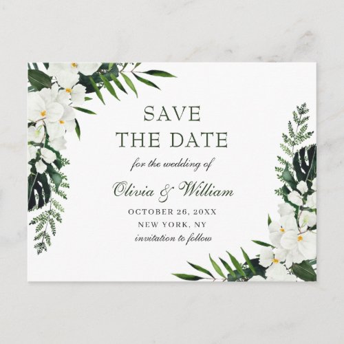 White Orchid Bohemian Floral Wedding Save The Date Postcard