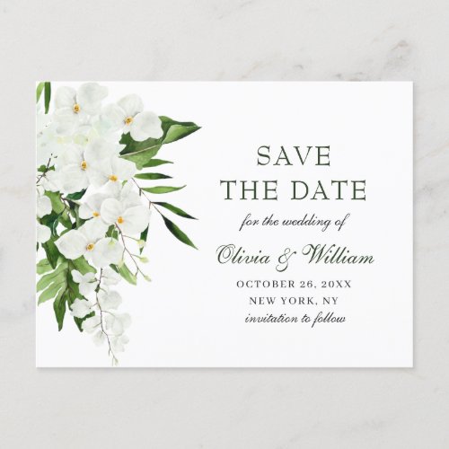 White Orchid Bohemian Floral Wedding Save The Date Postcard