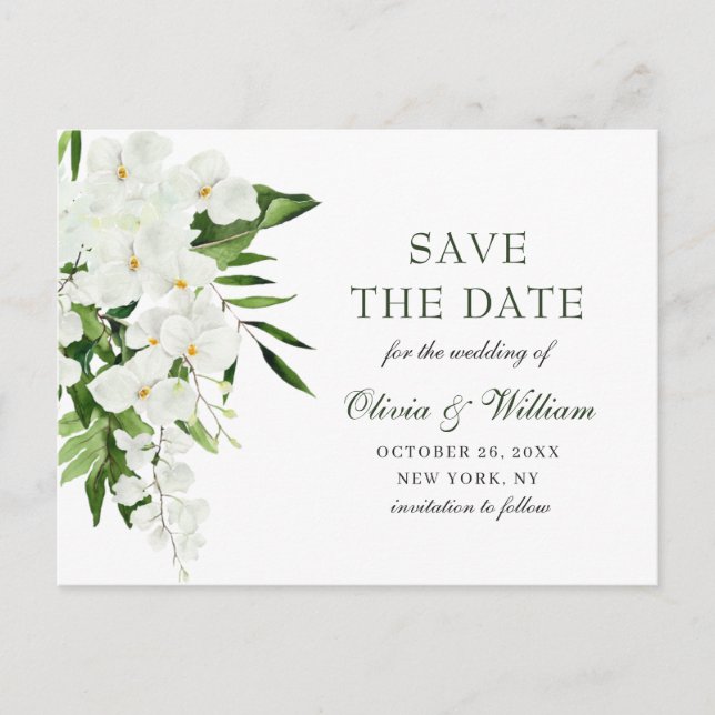 White Orchid Bohemian Floral Wedding Save The Date Postcard (Front)
