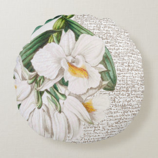 White Orchid Calligraphy Round Pillow