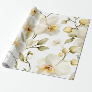 White Orchid Elegant Yellow Floral Botanical Wrapping Paper