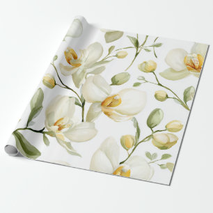 White Orchid Elegant Yellow Floral Botanical Wrapping Paper
