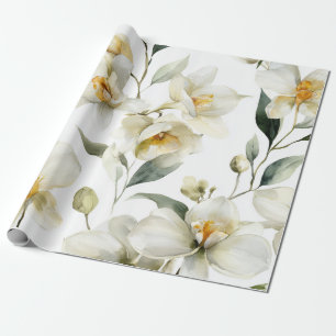 White Orchid Elegant Yellow Floral Botanical Wrapping Paper