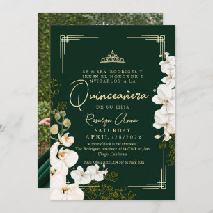 White Orchid Emerald Green Princess Quinceañera Invitation
