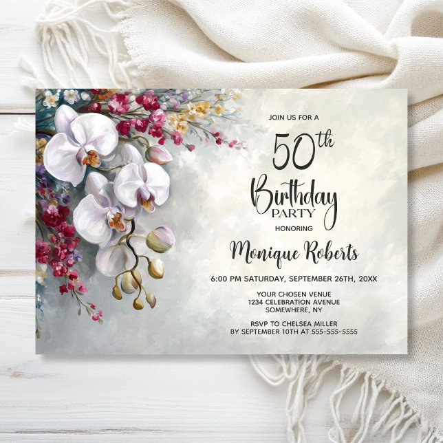 White Orchid Floral 50th Birthday Party Invitation (Creator Uploaded)