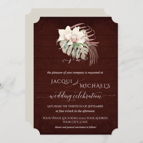 White Orchid Floral BOHO moody Burgundy Tropical Invitation