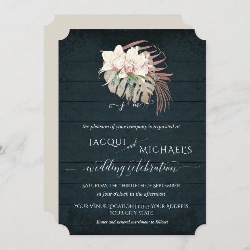 White Orchid Floral BOHO Moody Navy Blue Tropical Invitation