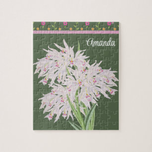 White Orchid Floral on Green Jigsaw Puzzle