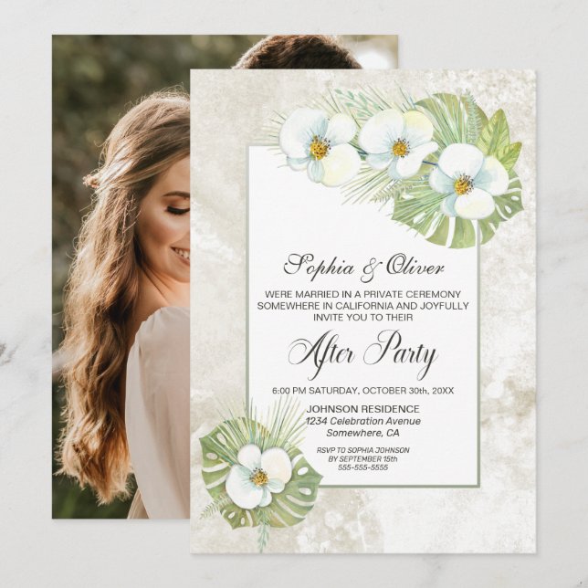 White Orchid Floral Wedding After Party Photo Invitation (Front/Back)